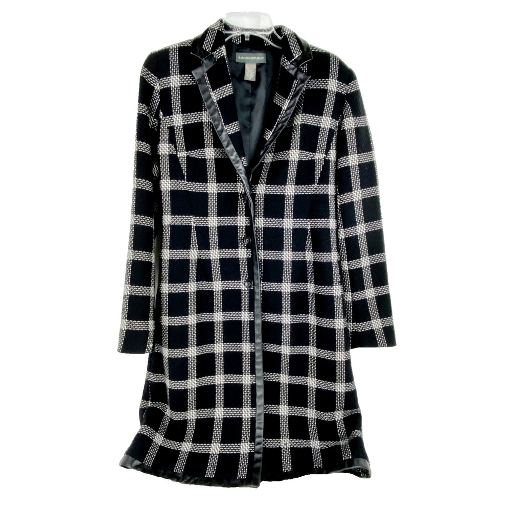 Banana Republic 100% Wool Coat w Gen. LEATHER Trim Womens M Black/White Overcoat